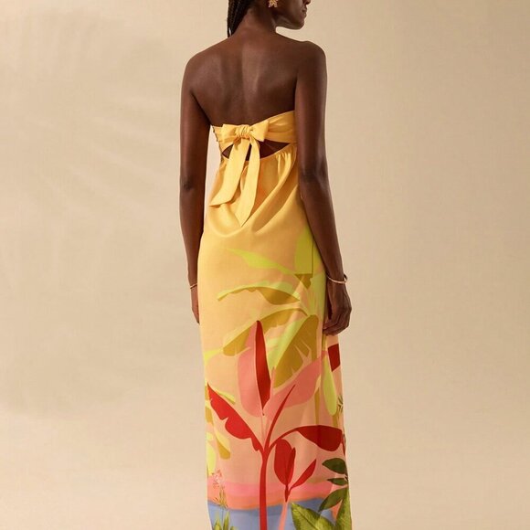 Multicolor Boho Womens Tropical Print Sleeveless Hollow Knot Tube Top Dress - Picture 2 of 7